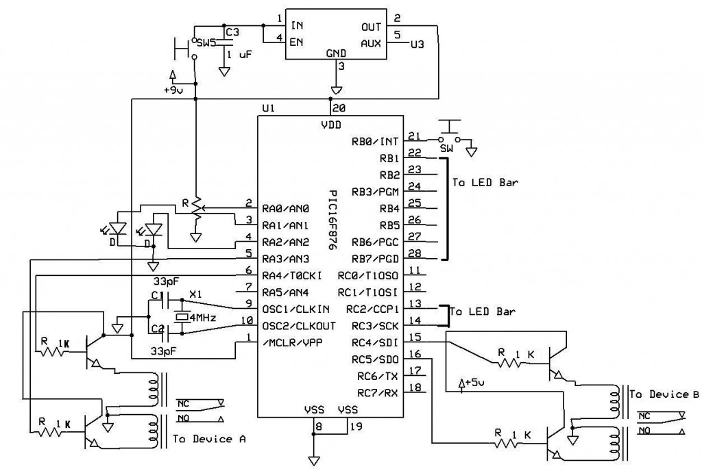 Figure 2. The switch relay circuit diagram. The primary components are a PIC and a pair of latching relays that control activation of either device.