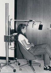 Figure 3: The prototype device. The long vertical shaft is on the far left, and the short vertical shaft is next to it. The sensory stimulation card is in front of the subject.